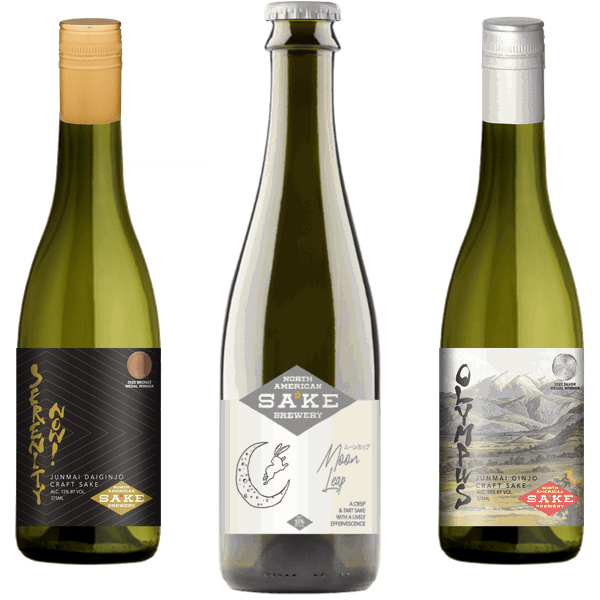Three premium sake bottles with the names Serenity Now, Moon Leap, and Olympus respectively.